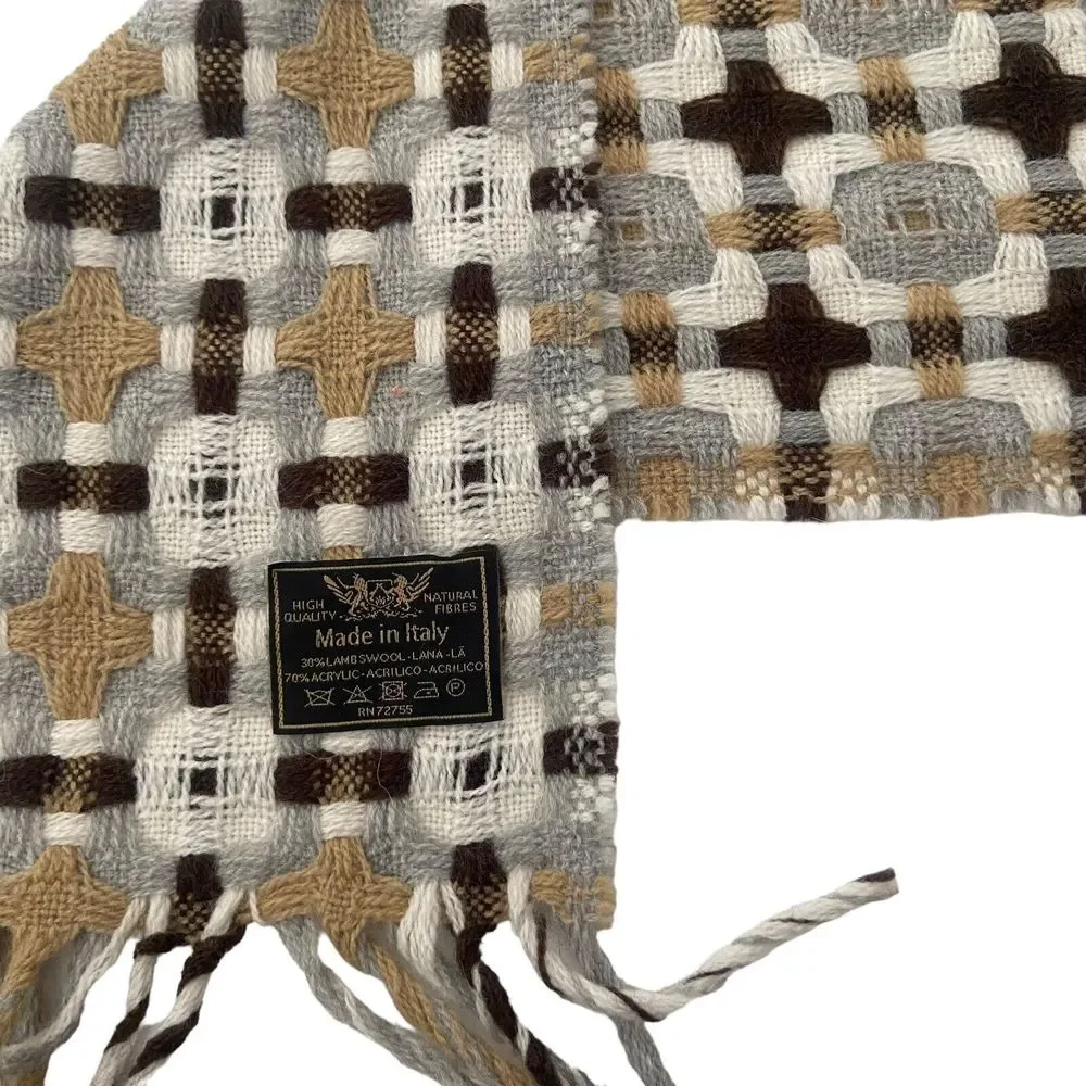 Women's Scarf Shawl Wrap 30% Wool Made in Italy Woven Brown Grey Fringe 68 x 10